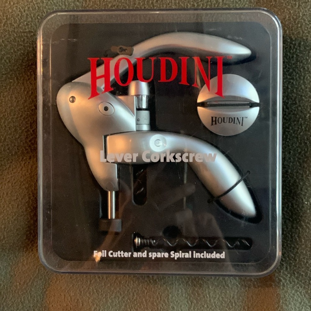 Houdini Lever Corkscrew wine opener. Foil cutter and spare spiral included.